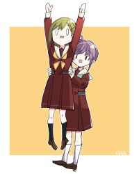 Rule 34 | 0 0, 2girls, :o, ankle socks, aqua neckerchief, arms up, black socks, border, brown dress, brown footwear, carrying, carrying person, commentary, dress, green hair, hair ornament, hairclip, hasu no sora school uniform, highres, kanduki kamibukuro, link! like! love live!, loafers, long hair, long sleeves, looking at another, love live!, multiple girls, neckerchief, oogami sachi, open mouth, otomune kozue, outline, outside border, pleated dress, purple hair, rectangular mouth, sailor collar, sailor dress, school uniform, shoes, side ponytail, sidelocks, simple background, socks, standing, white border, white outline, white sailor collar, white socks, winter uniform, yellow background, yellow neckerchief, | |