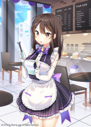 Rule 34 | 1girl, absurdres, apron, bad id, bad pixiv id, black dress, blue sky, blush, breasts, brown eyes, brown hair, chair, cloud, cowboy shot, day, dress, elbow gloves, flying sweatdrops, frilled apron, frilled dress, frills, glint, gloves, hair between eyes, hair ornament, hairclip, highres, holding, holding pencil, indoors, large breasts, long hair, mechanical pencil, moong gya, original, pencil, restaurant, sky, solo, sparkle, striped clothes, striped dress, sweat, table, thigh strap, tile floor, tiles, uniform, vertical-striped clothes, vertical-striped dress, waitress, whipped cream, white apron, white gloves