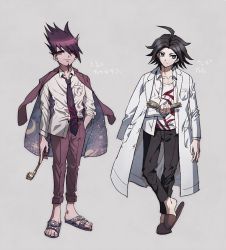 Rule 34 | ahoge, aoki (fumomo), black hair, black pants, book, coat, coat on shoulders, collarbone, commentary request, cosplay, costume switch, danganronpa, danganronpa/zero, danganronpa (series), danganronpa v3: killing harmony, full body, grey background, half-closed eyes, hand in pocket, holding, jacket, jacket on shoulders, lab coat, long hair, looking up, male focus, matsuda yasuke, momota kaito, multiple boys, multiple views, necktie, open book, open clothes, open coat, open shirt, pants, pink jacket, pink pants, print shirt, purple eyes, sandals, shirt, shirt partially tucked in, shoes, simple background, space print, starry sky print, sword, translation request, weapon