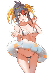 Rule 34 | 10s, 1girl, bad id, bad pixiv id, bikini, black hair, blonde hair, breasts, cameltoe, cleavage, collarbone, innertube, kemono friends, large breasts, long hair, looking at viewer, multicolored hair, open mouth, red hair, revision, rockhopper penguin (kemono friends), simple background, smile, solo, standing, swim ring, swimsuit, thigh gap, underboob, white background, yostxxx