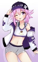 Rule 34 | 1girl, :p, breasts, headphones, highres, jacket, looking at viewer, midriff, navel, neptune (series), one eye closed, open clothes, open jacket, purple eyes, purple hair, short hair, shorts, small breasts, smile, tank top, tongue, tongue out, wink