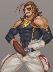 Rule 34 | 1boy, bara, bare shoulders, beard, brown eyes, brown hair, censored, covered abs, covered navel, detached sleeves, energy camdy, erection, eugen (granblue fantasy), eyepatch, facial hair, granblue fantasy, highres, male focus, mature male, medium hair, mosaic censoring, muscular, muscular male, mustache, pants, pectorals, penis, sideburns, sidepec, solo, veins, veiny penis, white pants