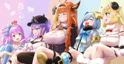Rule 34 | 5girls, :d, ahoge, amane kanata, angel wings, armband, bibi (tokoyami towa), black camisole, black headwear, blonde hair, blue hair, blush, boots, bow, bracelet, braid, breasts, brooch, camisole, candy hair ornament, choker, cleavage, cleavage cutout, closed eyes, clothing cutout, colored inner hair, crown, curled horns, detached sleeves, diagonal-striped bow, dragon girl, dragon horns, dress, fake horns, fishnet legwear, fishnets, food-themed hair ornament, fur-trimmed dress, fur trim, green eyes, hair ornament, hair rings, hairband, hairclip, halo, hat, heterochromia, highres, himemori luna, himemori luna (1st costume), hololive, horned headwear, horns, jacket, jewelry, kiryu coco, kiryu coco (1st costume), large breasts, long hair, looking at another, mini wings, multicolored hair, multiple girls, o-ring, o-ring choker, off-shoulder jacket, off shoulder, open mouth, orange hair, piercing, pink hair, plaid, plaid legwear, princess, purple eyes, purple hair, sheep girl, sheep horns, short hair, shuriken, sitting, smile, star halo, streaked hair, takamiya so, thigh strap, thighhighs, tokoyami towa, tsunomaki watame, tsunomaki watame (1st costume), turtleneck, turtleneck dress, twintails, two-tone hair, virtual youtuber, weapon, white dress, white jacket, wings