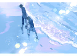 1boy 1girl barefoot beach bentouoic commentary_request floyd_leech footprints full_body highres holding_hands night_raven_college_uniform outdoors school_uniform shore short_hair twisted_wonderland walking water wide_shot yuu_(twisted_wonderland)