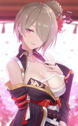 Rule 34 | 1girl, bare shoulders, breasts, breasts out, cleavage, collar, collarbone, earrings, flower, fukuro daizi, hair bun, hair flower, hair ornament, hair over one eye, hand on own chest, highres, honkai (series), honkai impact 3rd, horns, japanese clothes, jewelry, kimono, large breasts, looking at viewer, mole, mole under eye, off shoulder, parted lips, petals, purple eyes, red flower, rita rossweisse, sarashi, seductive smile, short hair, single hair bun, smile, solo, upper body, white collar