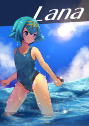 Rule 34 | 1girl, absurdres, blue hair, character name, creatures (company), female focus, game freak, highres, lana (pokemon), nintendo, one-piece swimsuit, partially submerged, poke ball, pokemon, pokemon sm, smile, solo, swimsuit, tenteco (covamin), trial captain, water, wet