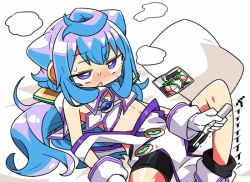 Rule 34 | 10s, 1boy, ahegao, bike shorts, blue hair, blush, electric toothbrush, gloves, hacka doll, hacka doll 1, hacka doll 3, kanikama, long hair, lying, male focus, on back, photo (object), pillow, purple eyes, solo, toothbrush, trap, white gloves