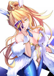 Rule 34 | 1girl, animal ears, artoria pendragon (all), artoria pendragon (fate), artoria pendragon (swimsuit ruler) (fate), bare shoulders, blonde hair, blue necktie, blue pantyhose, braid, breasts, card, checkered floor, cleavage, clothing cutout, collarbone, detached collar, eyelashes, fake animal ears, fate/grand order, fate (series), feather boa, fishnet pantyhose, fishnets, french braid, gogatsu fukuin, green eyes, hair between eyes, highleg, highleg leotard, highres, large breasts, leotard, long hair, looking at viewer, navel, navel cutout, necktie, pantyhose, parted lips, playboy bunny, playing card, ponytail, rabbit ears, sidelocks, smile, solo, sparkle, tiara, white background, white leotard, wrist cuffs