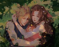 Rule 34 | 1boy, 1girl, aerith gainsborough, arms around neck, arms around waist, bare arms, bare shoulders, blonde hair, blue shirt, breasts, brown hair, closed eyes, closed mouth, cloud strife, cuddling, dappled sunlight, dress, final fantasy, final fantasy vii, final fantasy vii rebirth, final fantasy vii remake, grass, hair ribbon, highres, long hair, medium breasts, outdoors, parted bangs, parted lips, pink dress, pink ribbon, ponytail, raven daze, ribbon, shirt, short hair, sidelocks, sleeveless, sleeveless dress, sleeveless turtleneck, smile, spiked hair, sunlight, suspenders, turtleneck, upper body, wavy hair