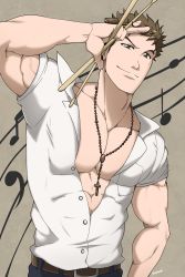 Rule 34 | 1boy, abs, absurdres, bara, belt, brown eyes, brown hair, buttons, closed mouth, cross, cross necklace, hand up, highres, jewelry, kawabuchi sentarou, kuroshinki, large pectorals, looking at viewer, male focus, muscular, muscular male, musical note, necklace, pants, partially unbuttoned, pectorals, sakamichi no apollon, short hair, sideburns, smile, solo, unbuttoned, upper body