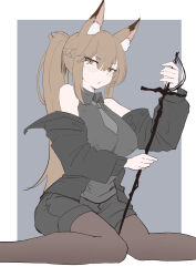 Rule 34 | 1girl, absurdres, animal ear fluff, animal ears, arknights, bare shoulders, black jacket, black shirt, black shorts, blush, border, breasts, brown eyes, brown hair, brown pantyhose, collared shirt, covered erect nipples, feet out of frame, fox ears, fox girl, franka (arknights), grey background, highres, holding, holding sword, holding weapon, jacket, lahz52, large breasts, long hair, long sleeves, looking at viewer, off shoulder, open clothes, open jacket, outside border, pantyhose, pantyhose under shorts, parted lips, ponytail, shirt, shorts, sidelocks, simple background, sitting, solo, sword, v-shaped eyebrows, wariza, weapon, white border