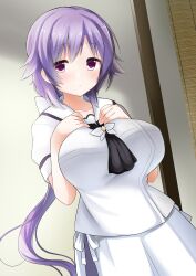 1girl ascot black_ascot blush breast_suppress breasts commentary cowboy_shot dutch_angle hands_on_own_chest hands_up highres huge_breasts indoors long_hair looking_at_viewer low_ponytail mizuori_shizuku parted_lips puffy_short_sleeves puffy_sleeves purple_eyes purple_hair ribbon school_uniform serafuku shirt short_sleeves sidelocks skirt solo summer_pockets takepoison very_long_hair white_ribbon white_serafuku white_shirt white_skirt