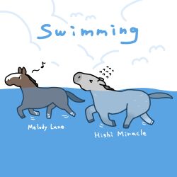 Rule 34 | &gt; &lt;, animal focus, character name, commentary request, eighth note, english text, highres, hishi miracle (racehorse), horse, melody lane (racehorse), motion lines, musical note, no humans, swimming, takadano paka