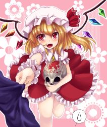 Rule 34 | 1girl, bad id, bad pixiv id, blonde hair, blood, blush stickers, bow, clothes grab, crystal, dress, drop, flandre scarlet, flower, frills, hair bow, hat, highres, maru daizu (aqua6233), miniskirt, mob cap, pink background, puffy short sleeves, puffy sleeves, reaching, red dress, red eyes, short hair, short sleeves, skirt, skull, standing, standing on one leg, touhou, wings, wrist cuffs