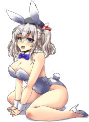 Rule 34 | 10s, 1girl, alternate costume, animal ears, arm support, ass, bare shoulders, beret, bespectacled, blue eyes, breasts, rabbit ears, rabbit tail, cleavage, detached collar, fake animal ears, glasses, green-framed eyewear, hat, highres, kantai collection, kashima (kancolle), large breasts, leotard, long hair, open mouth, playboy bunny, semi-rimless eyewear, shinshin, silver hair, simple background, smile, solo, tail