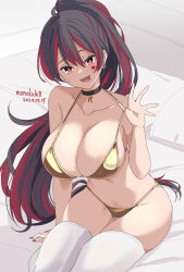 Rule 34 | 1girl, :d, artist name, bed sheet, bikini, black choker, black hair, breasts, choker, collarbone, dated, gold bikini, highres, indie virtual youtuber, kichihachi, large breasts, long hair, looking at viewer, multicolored hair, navel, on bed, open mouth, pillow, pink eyes, ponytail, red hair, rosalyn rock, smile, solo, swimsuit, thighhighs, two-tone hair, very long hair, white thighhighs