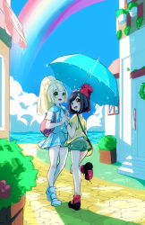 Rule 34 | 2girls, ass, backpack, bag, beanie, black hair, blonde hair, blue sky, blush, braid, building, bush, chorimokki, cloud, creatures (company), day, female focus, flat chest, floral print, flower, french braid, from behind, full body, game freak, green shorts, happy, hat, highres, holding, holding hands, leg up, lillie (pokemon), looking up, multiple girls, nintendo, open mouth, orange eyes, outdoors, pleated skirt, poke ball symbol, poke ball theme, pokemon, pokemon sm, ponytail, rainbow, red flower, red footwear, red hat, selene (pokemon), shirt, shoes, short hair, short shorts, short sleeves, shorts, skirt, sky, smile, standing, standing on one leg, teeth, textless version, umbrella, undershirt, watch, wet, white footwear, white shirt, white skirt, wristwatch, yellow shirt