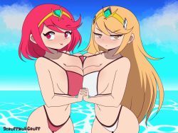 Rule 34 | 2girls, animated, animated gif, artist name, bikini, blonde hair, blush, breast press, breasts, circlet, cleavage, collarbone, dual persona, female focus, frown, highleg, highleg bikini, large breasts, long hair, looking at viewer, matching hair/eyes, multiple girls, mythra (xenoblade), navel, pyra (xenoblade), red bikini, red eyes, red hair, scowl, scruffmuhgruff, short hair, sky, smile, stomach, swimsuit, symmetrical docking, tongue, tongue out, water, white bikini, xenoblade chronicles (series), xenoblade chronicles 2, yellow eyes