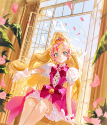 Rule 34 | 1girl, absurdres, aqua eyes, blonde hair, bow, choker, commentary, cure flora, earrings, flower choker, flower earrings, gloves, go! princess precure, haruno haruka, high ponytail, highres, jewelry, magical girl, multicolored hair, nani (s2 nani), open window, petals, pink bow, pink hair, precure, puffy short sleeves, puffy sleeves, short sleeves, sitting, smile, solo, two-tone hair, white gloves, window