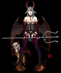 Rule 34 | artist request, blood goat, breasts, character request, copyright request, corset, devil girl, earrings, fire, grey hair, horns, jewelry, large breasts, lingerie, panties, pitchfork, red eyes, red legwear, skull, source request, thighhighs, underwear, wings