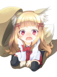 Rule 34 | 1girl, angry, animal ears, blonde hair, blunt bangs, blush stickers, commentary request, d:, d:&lt;, da-mii, drop trap, fox ears, fox tail, highres, long hair, looking at viewer, open mouth, oshiro project:re, pink eyes, senko (oshiro project), simple background, sitting, solo, tail, torii hair ornament, v-shaped eyebrows, wariza, wavy mouth, white background