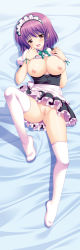 Rule 34 | 1girl, apron, blush, breast suppress, breasts, cleft of venus, clothes lift, dakimakura (medium), frills, from above, full body, hair ornament, hairclip, large breasts, leg up, long image, lying, maid, maid apron, maid headdress, mm!, nanami ayane, nanami ayaoto, nipples, no bra, no panties, on back, open clothes, open mouth, open shirt, pink eyes, pink thighhighs, purple hair, pussy, shirt, shirt lift, short hair, solo, spread legs, tall image, thighhighs, uncensored, waist apron, white thighhighs, wristband, yuuno arashiko