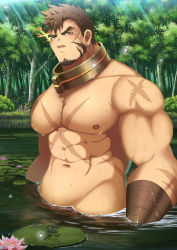 Rule 34 | 1boy, abs, bad id, bad twitter id, bara, beard, blush, brown hair, cross scar, facial hair, flaming eye, forest, heracles (housamo), highres, hip bones, large pectorals, long sideburns, looking at viewer, male focus, muscular, nature, nipples, oro9, pectorals, scar, sideburns, solo, tokyo houkago summoners, wading, wet