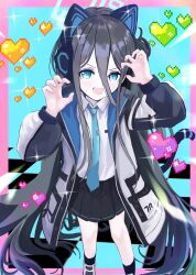 Rule 34 | 1girl, absurdly long hair, absurdres, animal ear headphones, animal ears, aris (blue archive), black hair, black skirt, black socks, blue archive, blue eyes, blue necktie, blush, collared shirt, fake animal ears, from above, green halo, halo, headphones, heart, highres, jacket, long hair, long sleeves, looking at viewer, necktie, open clothes, open jacket, open mouth, pleated skirt, shirt, skirt, smile, socks, solo, thomason366, very long hair, white jacket, white shirt