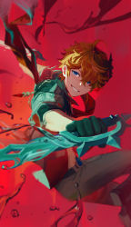 Rule 34 | 1boy, absurdres, black gloves, black pants, blue eyes, dual wielding, genshin impact, gloves, grin, highres, holding, holding weapon, jacket, looking at viewer, male focus, mask, omegu, orange hair, pants, red background, red mask, red scarf, scarf, simple background, smile, solo, tartaglia (genshin impact), water, water drop, weapon