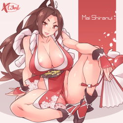 Rule 34 | 1girl, ass, bare shoulders, breasts, brown eyes, brown hair, cameltoe, character name, cleavage, cleft of venus, contrapposto, fatal fury, female focus, flat color, folded fan, folding fan, full body, hand fan, hand on own hip, highres, japanese clothes, large breasts, leotard, leotard under clothes, long hair, looking at viewer, matching hair/eyes, nipple slip, nipples, no bra, open mouth, pelvic curtain, ponytail, pussy, revealing clothes, shiny skin, shiranui mai, solo, spread legs, standing, tagme, the king of fighters, thong leotard, wide sleeves, x-t3al