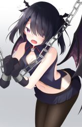 Rule 34 | 1girl, :o, bare arms, bare shoulders, bent over, black gloves, black hair, black shirt, black skirt, bound, bound wrists, breasts, brown pantyhose, chain, cleavage, clothing cutout, commentary request, crop top, cuffs, demon wings, doyachii, fang, gloves, gold trim, gradient background, hair over one eye, handcuffs, highres, long hair, looking at viewer, medium breasts, midriff, miniskirt, navel, open mouth, original, pantyhose, pleated skirt, purple eyes, restrained, shirt, side cutout, skirt, sleeveless, sleeveless shirt, solo, tearing up, twintails, wing collar, wings