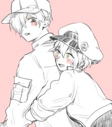 Rule 34 | 1boy, 1girl, :d, ae-3803, badge, baseball cap, black shirt, blush, blush stickers, button badge, cabbie hat, commentary, couple, cropped jacket, front to back, grey eyes, hair over one eye, happy, hat, hataraku saibou, height difference, hug, hug from behind, jacket, looking at another, looking back, open mouth, partially colored, pink background, red blood cell (hataraku saibou), shirt, short hair, simple background, sketch, smile, syu (no1zerg), u-1146, white blood cell (hataraku saibou), yellow eyes