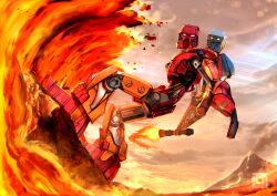 Rule 34 | absurdres, bionicle, cloud, cloudy sky, flaming sword, flaming weapon, highres, holding, holding sword, holding weapon, humanoid robot, kanohi (bionicle), kozsen 810290, lava, mask, pink eyes, robot, rock, sky, solo focus, sunlight, surfing, sword, tahu (bionicle), takua (bionicle), the lego group, volcano, waves, weapon, yellow eyes