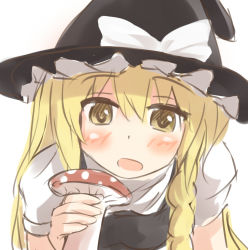 Rule 34 | 1girl, blonde hair, blush, bow, braid, hat, hat bow, kirisame marisa, long hair, mushroom, ran (9ens2000), sexually suggestive, simple background, solo, touhou, white background, witch hat, yellow eyes