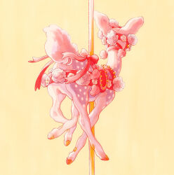 Rule 34 | animal focus, bow, bridle, carousel, deer, fawn, fleebites, flower, flower on head, from behind, no humans, original, pastel colors, peony (flower), pink flower, pink fur, pole, red bow, running, saddle, simple background, yellow background