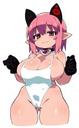 Rule 34 | 1girl, absurdres, black gloves, blush stickers, breasts, cleavage, closed mouth, commentary request, cowboy shot, cropped legs, deathlock-san, gloves, gluteal fold, heart collar, highres, huge breasts, looking at viewer, one-piece swimsuit, original, paid reward available, pink eyes, pink hair, pointy ears, short hair, simple background, smile, solo, swimsuit, thick thighs, thighs, undersized clothes, variant set, white one-piece swimsuit, zankuro