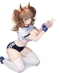 Rule 34 | 1girl, alternate costume, angelina (arknights), animal ears, arknights, black buruma, blush, bound, bound wrists, breasts, brown hair, buruma, cleavage, cleavage cutout, clothing cutout, crop top, cuffs, fox ears, gym shirt, hairband, kneeling, lalala (3388094776), large breasts, long hair, looking at viewer, nail polish, navel, orange nails, parted lips, red eyes, red hairband, shackles, shirt, short sleeves, simple background, skindentation, solo, thighhighs, twintails, white background, white shirt, white thighhighs