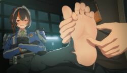 1boy 1girl black_hair blush crossed_arms embarrassed feet foot_focus foot_massage half-closed_eyes highres holding_another&#039;s_foot looking_to_the_side police police_uniform red_hair sitting soles toes zenless_zone_zero zhu_yuan