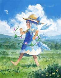 Rule 34 | 1girl, barefoot, blue dress, blue hair, brown hat, cirno, dress, fjsmu, flower, from side, full body, hat, highres, ice, ice wings, pinafore dress, plant, profile, sleeveless, sleeveless dress, solo, sunflower, tanned cirno, touhou, vines, walking, wings, yellow flower
