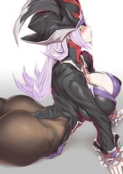 Rule 34 | 1girl, arched back, ass, black pantyhose, blush, breasts, dahut (fate), eyepatch, fate/grand order, fate (series), francis drake (fate), from behind, hat, hip focus, huge ass, ion (cation), large breasts, light purple hair, looking at viewer, looking back, makeup, pantyhose, solo, thick thighs, thighs, wide hips, yellow eyes