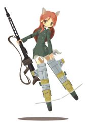 Rule 34 | 1girl, animal ears, chibi, flying, gun, kamereon three, machine gun, mg42, military, military uniform, minna-dietlinde wilcke, red hair, simple background, solo, strike witches, striker unit, tail, uniform, weapon, wolf ears, world witches series