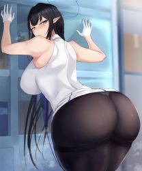 Rule 34 | 1girl, ass, ass focus, bare arms, bare shoulders, black hair, black legwear, blue archive, blue eyes, breasts, closed mouth, glasses, gloves, halo, highres, large breasts, looking at viewer, looking back, pointy ears, rin (blue archive), shirt, sleeveless, sleeveless shirt, thighs, tyamurai33, white gloves, white shirt