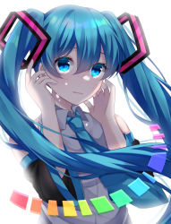Rule 34 | 1girl, absurdres, backlighting, bare shoulders, black sleeves, blue eyes, blue hair, blue necktie, commentary, crying, crying with eyes open, detached sleeves, grey shirt, hair ornament, hatsune miku, highres, instrument, keyboard (instrument), lips, long hair, looking at viewer, melt (vocaloid), necktie, rainbow, shirt, sk duki, sleeveless, sleeveless shirt, solo, tears, twintails, upper body, very long hair, vocaloid, white background