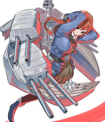 Rule 34 | 1girl, arms behind back, blue shirt, braid, cannon, gegeron, grey skirt, highres, kantai collection, long hair, looking at viewer, machinery, military uniform, nevada (kancolle), nevada kai (kancolle), red eyes, red hair, shirt, single braid, skirt, solo, standing, turret, uniform