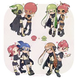Rule 34 | 4boys, 4girls, afro, agent 3 (splatoon), agent 8 (splatoon), bad id, bad twitter id, black skirt, blue eyes, blue hair, boots, cloak, couple, eye contact, green eyes, green hair, hair ornament, hairpin, hetero, highres, holding hands, inkling, inkling boy, inkling girl, inkling player character, looking at another, midriff, miniskirt, momiji249, multiple boys, multiple girls, navel, nintendo, octoling, octoling boy, octoling girl, octoling player character, orange eyes, orange hair, pink eyes, pink hair, pointy ears, ponytail, shoes, shorts, skirt, smile, sneakers, sparkle, splatoon (series), splatoon 2, splatoon 2: octo expansion, squidbeak splatoon, sweatdrop, tentacle hair, yaoi, yuri