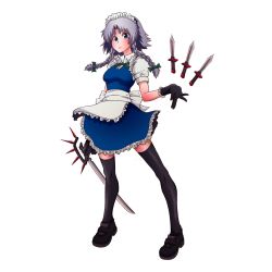 Rule 34 | 1girl, blue eyes, braid, female focus, full body, highres, izayoi sakuya, knife, maid, short hair, silver hair, solo, terappidow, thighhighs, throwing knife, touhou, transparent background, twin braids, weapon