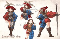 Rule 34 | 1girl, absurdres, armor, asymmetrical legwear, blue eyes, boobplate, boots, breastplate, brown footwear, brown hair, codpiece, double v, english text, faulds, hat, highres, holding, holding sword, holding weapon, ironlily, landsknecht, landsknecht (ironlily), long sleeves, medium hair, original, puff and slash sleeves, puffy long sleeves, puffy sleeves, smile, solo, sword, v, weapon