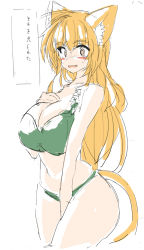 Rule 34 | 1girl, @ @, animal ears, bare shoulders, between legs, blonde hair, blush, bow, bow bra, bra, breasts, brown eyes, cat ears, cat tail, cleavage, collarbone, cowboy shot, fang, female focus, green bra, green panties, hand between legs, hand on own chest, hand up, have to pee, japanese text, large breasts, long hair, looking at viewer, mutoo, navel, nose blush, open mouth, original, panties, simple background, sketch, smile, solo, standing, sweat, tail, translation request, underwear, underwear only, white background
