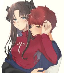 Rule 34 | 1boy, 1girl, black hair, black ribbon, blue eyes, blue sleeves, blush, breasts, closed mouth, commentary request, cross print, emiya shirou, fate/stay night, fate (series), fingernails, forehead, hair ribbon, hand in another&#039;s hair, hetero, highres, hug, hug from behind, long hair, long sleeves, looking at viewer, medium breasts, parted bangs, raglan sleeves, red hair, red sweater, ribbon, shirt, short hair, simple background, sweater, tohsaka rin, toutou (fufu0o), turtleneck, turtleneck sweater, two side up, white background, white shirt, yellow eyes