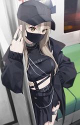 Rule 34 | 1girl, baseball cap, belt, black hat, black jacket, black shirt, black skirt, brown eyes, brown hair, casual, crop top, hat, highres, interior, jacket, jewelry, long hair, looking at viewer, mask, midriff, mouth mask, nijisanji, ring, shirt, sister claire, sister claire (9th costume), skirt, solo, standing, subway, syhan, virtual youtuber
